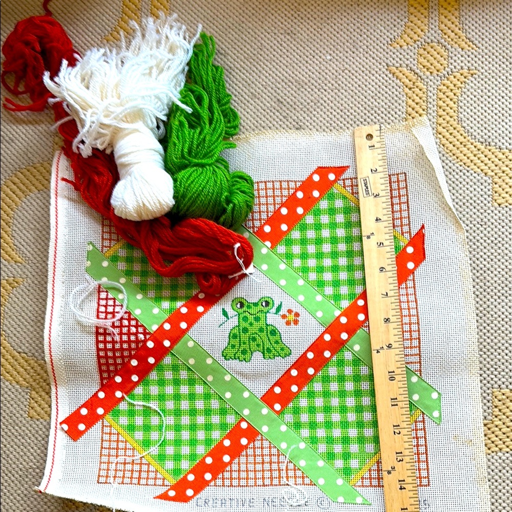 Cheerful Frog needlepoint canvas with wool